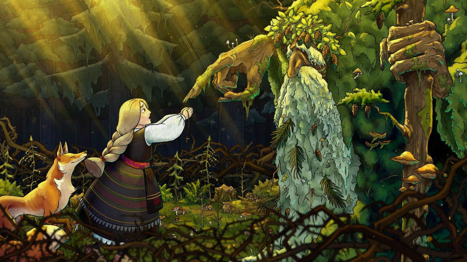 enfant et renard a la rencontre d'un genie de la forêt